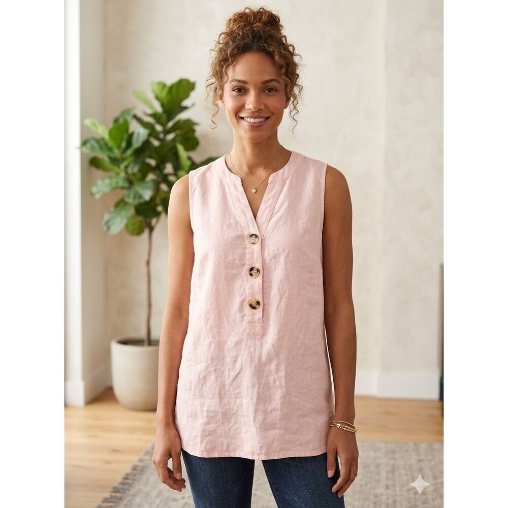 Harve Benard Pure Linen Top Womens M Pink Sleeveless 1/2 Button Summer Casual